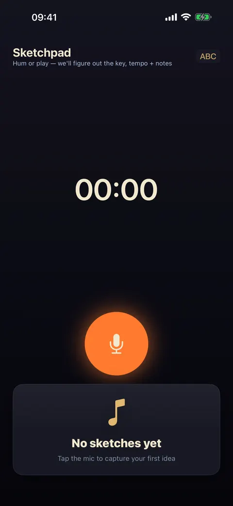 SUS4 Sketchpad capture screen on iPhone: "Hum or play — we’ll figure out the key, tempo + notes", a 00:00 timer and a large microphone button.