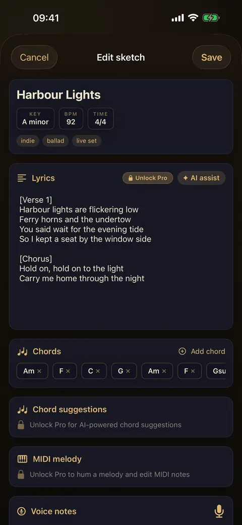 SUS4 Sketchpad on iPhone editing a sketch called Harbour Lights: A minor, 92 BPM, 4/4, tags indie, ballad, live set, a verse and chorus lyric, and the chords Am, F, C, G, Am, F.