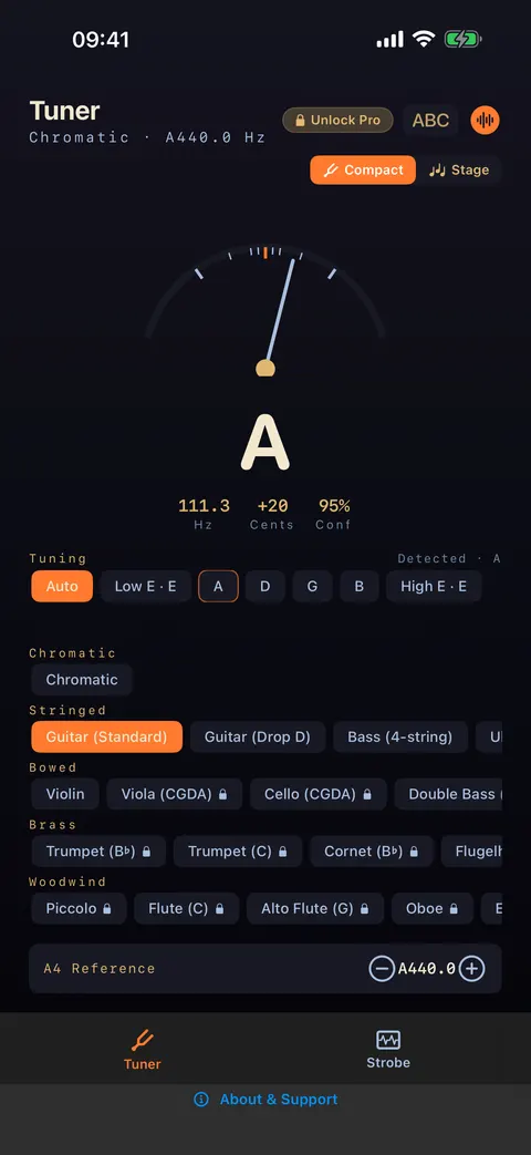 SUS4 Tuner on iPhone in Compact view: the needle gauge reads A at +20 cents, 111.3 Hz, with Tuning chips for each string and the instrument preset list below.